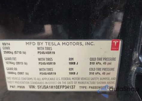 2014 Tesla Model S P85 z USA, uszkodzony, nr VIN 5YJSA1H10EFP34137